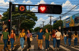 Sinal vermelho de semáforo tem formato de coração em Dourados